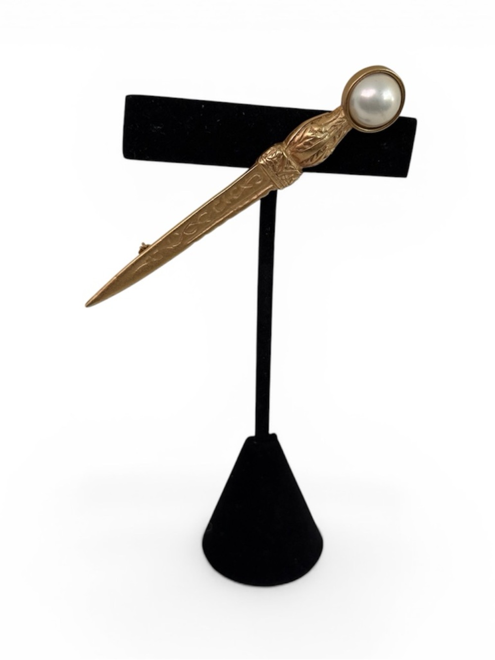DKNY vintage stick pin brooch gold-toned, dagger-shaped design faux pearl